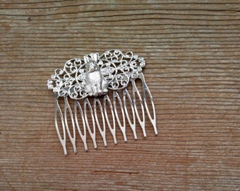 Large Silver Rabbit Comb, Antiqued Silver Bunny Hair Comb, Ornate Filigree Comb, Silver Filigree Comb, Bunny Hair Jewelry, Bunny Accessory