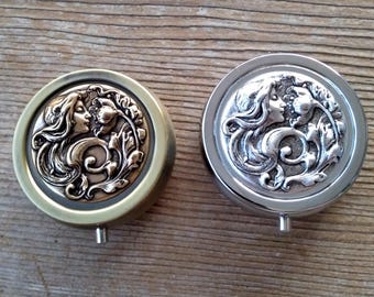 Silver or Bronze Goddess Pill Box - Brass Floral Pill Case - Pill Carrier - Goddess Purse Accessory