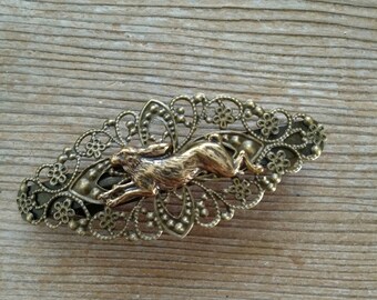 Running Rabbit Barrette, Brass Bunny Barrette, Antiqued Brass Rabbit Barrette, Filigree Bunny Barrette, Bronze Bunny Hair Clip