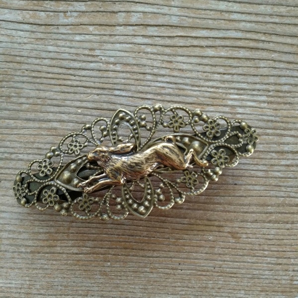 Running Rabbit Barrette, Brass Bunny Barrette, Antiqued Brass Rabbit Barrette, Filigree Bunny Barrette, Bronze Bunny Hair Clip