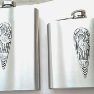 Art Deco Crane Liquor Hip Drinking Flask: Antiqued Silver Stainless Steel 6oz or 8 oz