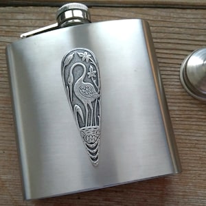 Art Deco Crane Liquor Hip Drinking Flask: Antiqued Silver Stainless Steel 6oz