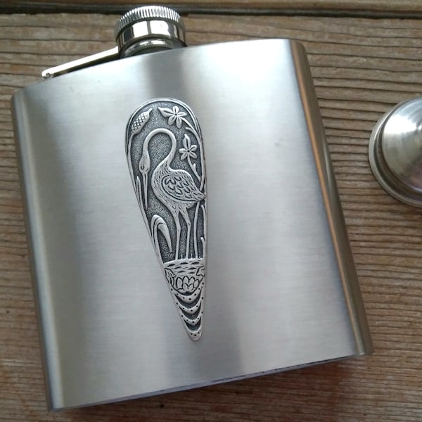 Crane Hip Flask, Art Deco Flask, Antiqued Silver Crane Flask, Stainless Steel Flask, 6 oz Flask, Pocket Flask, Liquor Flask