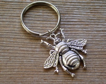 Huge Honeybee Keychain, Silver Honeybee Key Chain Honeybee Charm, Silver Bee Key Chain, Bee Accessory