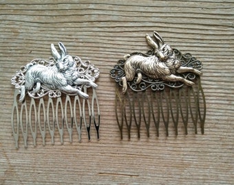 Large Rabbit Comb, Antiqued Silver Hare Comb, Antiqued Brass Bunny Comb, Silver Rabbit Comb, Brass Rabbit Hair Comb, Rabbit Hair Accessory