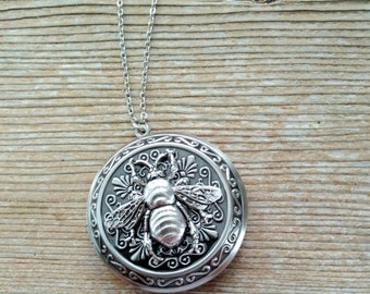 Large Bee Locket, Antiqued Silver Floral Locket, Silver Bee Locket,  Embossed Bee Locket Necklace, Honeybee Locket, Keepsake Locket