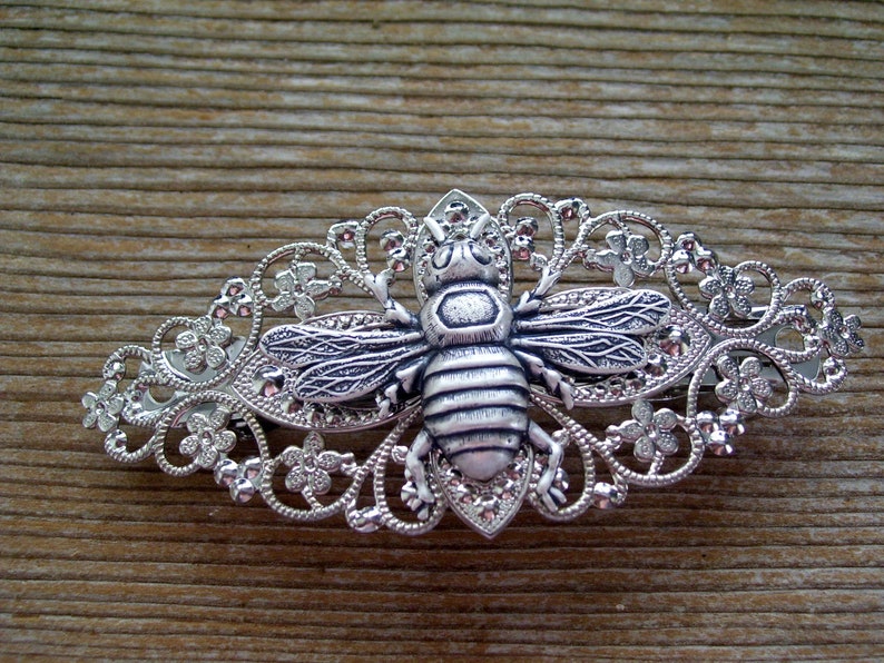 Large Silver Bee Barrette Antiqued Silver Bee Silver Flying Bee Barrette Filigree Barrette Embeelish Silver Bee Accessory