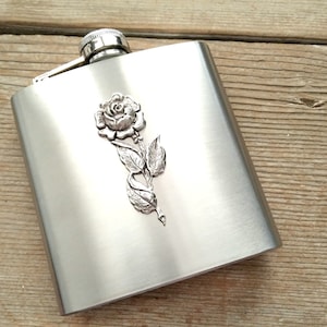 Rose Hip Flask, Antiqued Silver Rose Flask, Stainless Steel Flask, 6 oz Flask, Pocket Flask, Liquor Flask, Floral Flask, Bridesmaid Gift