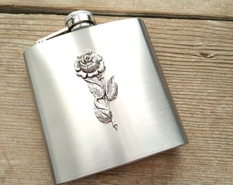 Rose Hip Flask, Antiqued Silver Rose Flask, Stainless Steel Flask, 6 oz Flask, Pocket Flask, Liquor Flask, Floral Flask, Bridesmaid Gift