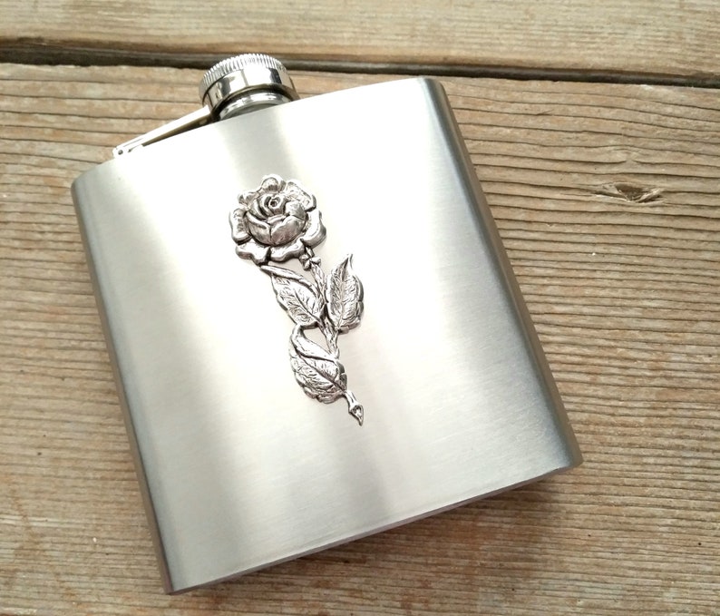 Rose Hip Flask, Antiqued Silver Rose Flask, Stainless Steel Flask, 6 oz Flask, Pocket Flask, Liquor Flask, Floral Flask, Bridesmaid Gift image 1