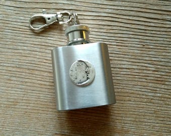 Silver Celestial Moon Stars Stainless Steel Mini Flask Keychain, 1 oz