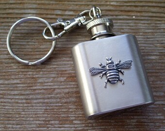 Silver Flying Bee Mini Flask Keychain, Stainless Steel 1 oz