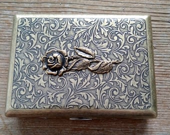 Long Stemmed Rose Cigarette Case, Ornate Brass Floral Cigarette Case, Brass Cigarette Case, Victorian Floral Card Case, Antiqued Brass Case