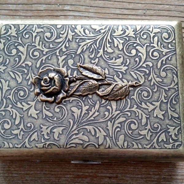 Long Stemmed Rose Cigarette Case, Ornate Brass Floral Cigarette Case, Brass Cigarette Case, Victorian Floral Card Case, Antiqued Brass Case