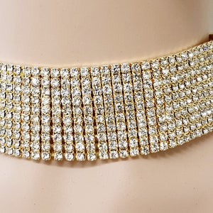 Silver or Gold Colour Elastic Wide Choker Necklace 10 Rows Shining Rhinestones for Wedding Party