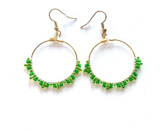 Green two tone ladder stitch beaded dangle hoop earrings