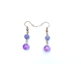 Purple and gold two tone glass bead dangle earrings