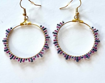 Pink and purple ladder stitch dangly hoop earrings