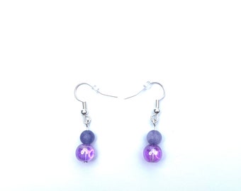 Purple two tone glass bead dangle earrings