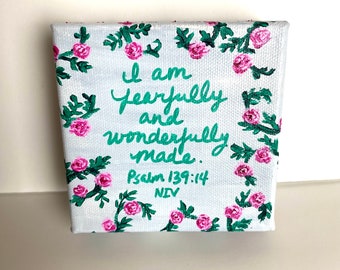 Psalm 139:14 mini hand painted original acrylic painting with pink rose details
