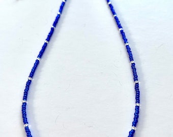 Blue and silver seed bead necklace