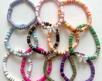 Colorful Clay Beaded Bracelet: Gold Accent Stretchy Jewelry