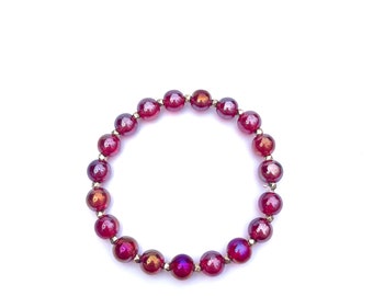 Red Glass Beaded Stretch Bracelet With Gold Spacers