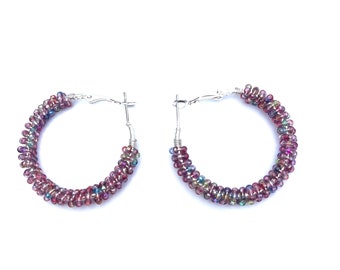 Pinkish Multicolor Wire Wrap Beaded Hoop Earrings