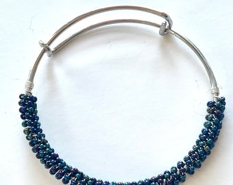 Blue metallic wire wrap bangle bracelet