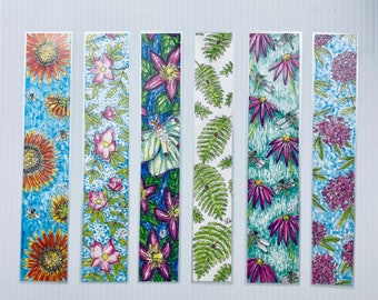 Hand-Drawn Floral Bookmarks: Laminated Nature Art, Set of 6