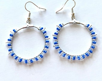 Perwinkle and silver ladder stitch dangly hoop earrings