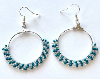 Teal and silver brick stitch dangle earrings