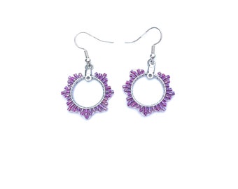 Iridescent purple ladder stitch beaded dangle earrings