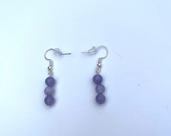 Purple Three Bead Silver Dangle Earrings