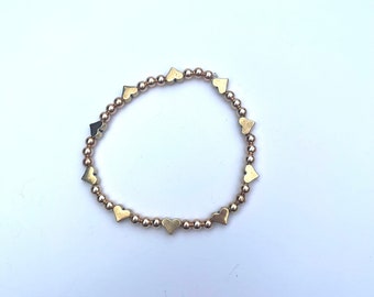 Gold Heart and Round Metal Beaded Stretch Bracelet