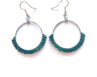 Green metallic brick stitch silver dangle earrings