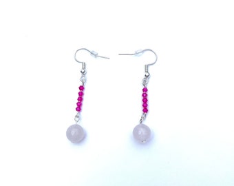 Bright pink and light pink beaded dangle earrings