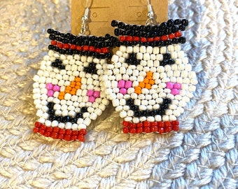Snowman brick stitch seed bead handmade earrings
