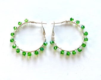 Green bicone bead silver wire wrap hoop earrings