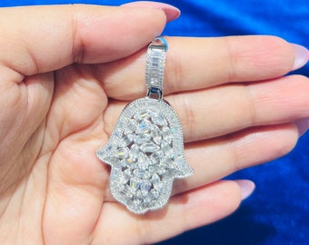 925 Sterling Silver Humza Hand 3.98 CTW VS D Color Moissanite Diamond Pendant with Chain
