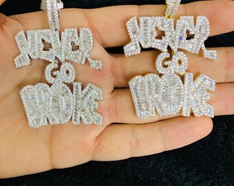 14k Gold Finish Never Go Broke Hip Hop Simulated Diamond Charm Pendant w/ Chain
