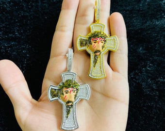 14k Gold Finish Jesus Cross Hip Hop Simulated Diamond Pendant w/ Rope Chain