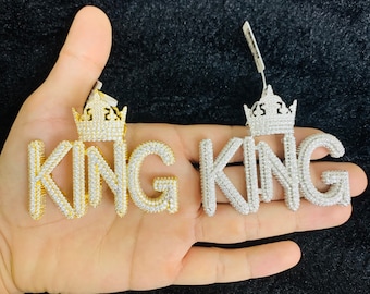 14k Gold Finish King Crown Hip Hop Simulated Diamond  Charm Pendant w/ Rope Chain