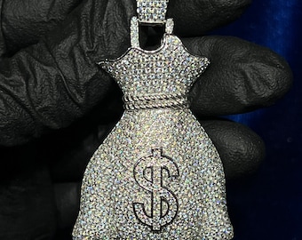 925 Sterling Silver Money Bag 8.97CTW VVS Moissanite Diamond Pendant with Chain