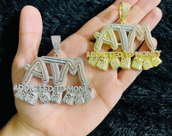 14k Gold Finish ATM Addicted To Money Hip Hop Charm Pendant w / Rope Chain