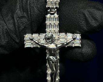 925 Sterling Silver Cross with Jesus 3.416CTW VVS Moissanite Diamond Pendant with Chain