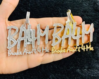 14k Gold Finish BA4M Broke Ain’t 4 Me Simulated Diamond Pendant Charm w/ Chain