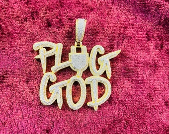 14KT Gold Finish Plug God hip Hop Simulated Diamond Charm Pendant W/Chain