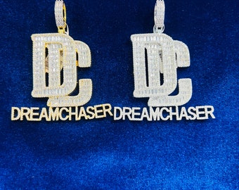 14k White Gold Finish Dream Chaser Simulated Diamond Hip Hop Pendant W/ Rope Chain