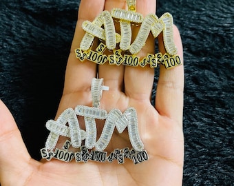 925 Sterling Silver ATM Hip Hop Simulated Diamond Pendant w/ Chain